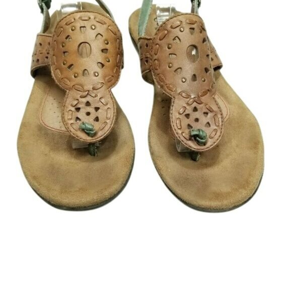 Cobb Hill Womens Leather Sandals Size 7M Green & Tan Strappy Thong Cushioned - Picture 4 of 11